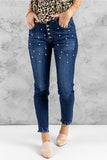 Pearl Beaded Button Fly Distressed Skinny Jeans