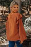Ruffled Pleated Buttoned V Neck Blouse