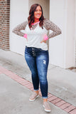 Leopard Patchwork Long Sleeve Plus Size Top