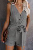 Button V Neck Romper with Belt
