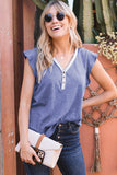 V Neck Buttoned Lace Trim Short Sleeve Tee