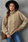 Khaki Solid Turtleneck Cable Knit Pullover Sweater