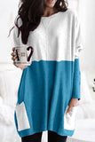 Khaki Colorblock Casual Long Sleeve Tunic with Pockets