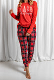 Solid Long Sleeve Top and Plaid Pants Loungewear