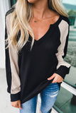 V Neck Contrast Block Waffle Knit Top