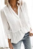 Lace Ruffed 3/4 Sleeve V Neck Shirt