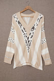 Animal Print Accent V Neck Sweater