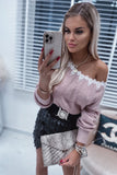 One Shoulder Lace Contrast Back Knot Sweater