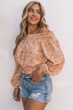 Orange Ruffled Shirred Off Shoulder Floral Top