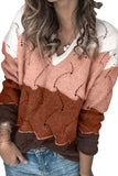 V Neck Colorblock Textured Knit Sweater