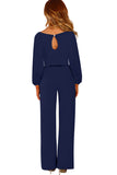 Navy Boat Neck Bubble Sleeve Straight Legs Jumpsuit with Belt Tie