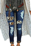 Hollow Out Leopard Splice Ripped Jeans