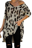 V Neck Leopard Knit Tunic Sweater with Slits