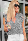 Gray Red Frilled Spilt V Neck Leopard Ruffled Top