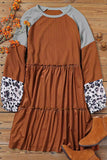 Waffle Knit Leopard Patchwork Long Sleeve Dress