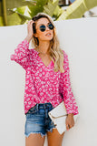 Rose Floral Print Collar V Neck Blouse