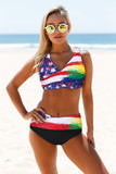 Contrast Color Block Print Wrap V Neck Lace-up Back Bikini