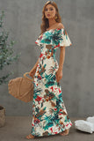 Turquoise Roses Print Off-the-shoulder Maxi Dress