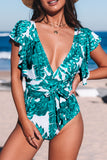 Green Sexy Deep V Neck Floral Print Ruffles One Piece Swimwear