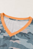 Camouflage Print V Neck Short Sleeve T Shirt