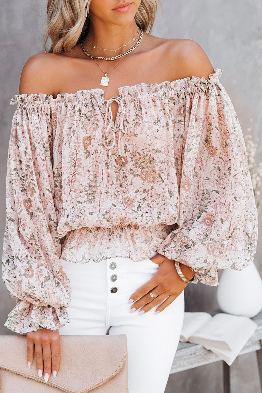 Off The Shoulder Puff Sleeve Ruffled Floral Print Blouse