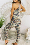Spaghetti Straps V Neck Sleeveless Camo Print Jumpsuit with Pockets
