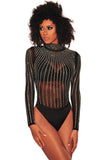 Iridescent Rhinestone Studded Mock Neck Long Sleeves Bodysuit