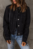 Black Frayed Trim Button Down Denim Jacket