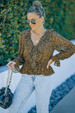 Leopard Ruffled V Neck Long Sleeve Blouse