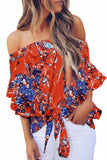 Off Shoulder Floral Tie Front High Low Chiffon Blouse