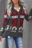 Retro Jacquard Pattern Buttoned Front Hooded Sweater