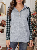 Plaid Splicing Kangaroo Pocket Buttoned Hoodie