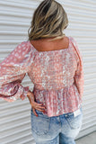 Bohemian Print Puff Sleeve Curvy Peplum Blouse