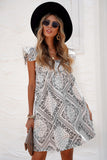 Square Neck Flutter Sleeve Bohemian Print Mini Dress
