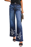 Dark Wash Daisy Print High Waist Flare Jeans