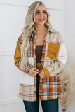 Orange Plaid Color Block Patchwork Shirt Jacket with Pocket