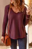 V Neck Waffle Knit Long Sleeve Top