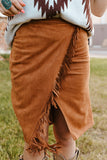 Brown Fringe Wrap Western Midi Skirt