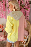 Multicolor Color Block Pocketed Button Down Shirt Jacket with Hood