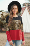 Burgundy Colorblock Leopard Patchwork Long Sleeve Top