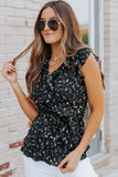 Black Floral Print Belted Ruffled V Neck Sleeveless Top