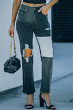 Black Colorblock Patchwork Ripped Hole Crop Straight Jeans