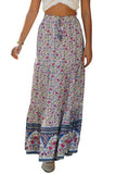 Boho Floral Print Elastic High Waist Pleated A Line Maxi Skirt