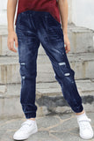 Dark Blue Distressed Pocketd Little Girl Denim Joggers