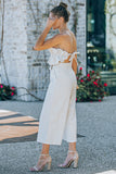 Beige Ruffled Strapless Wide Leg Jumpsuit