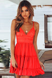 Spaghetti Straps V Neck Lace Bodice Ruffled Mini Dress