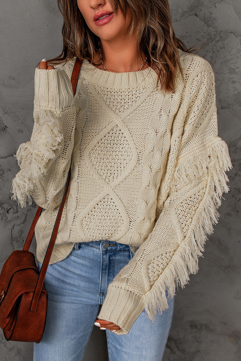Apricot Cable Knit Fringe Trim Sweater