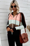 color Zipped Front Colorblock Hollow-out Knit Hoodie