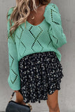Green Hollowed-out V-neck Knitted Sweater