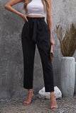 Black Casual Paperbag Waist Straight Leg Pants with Belt